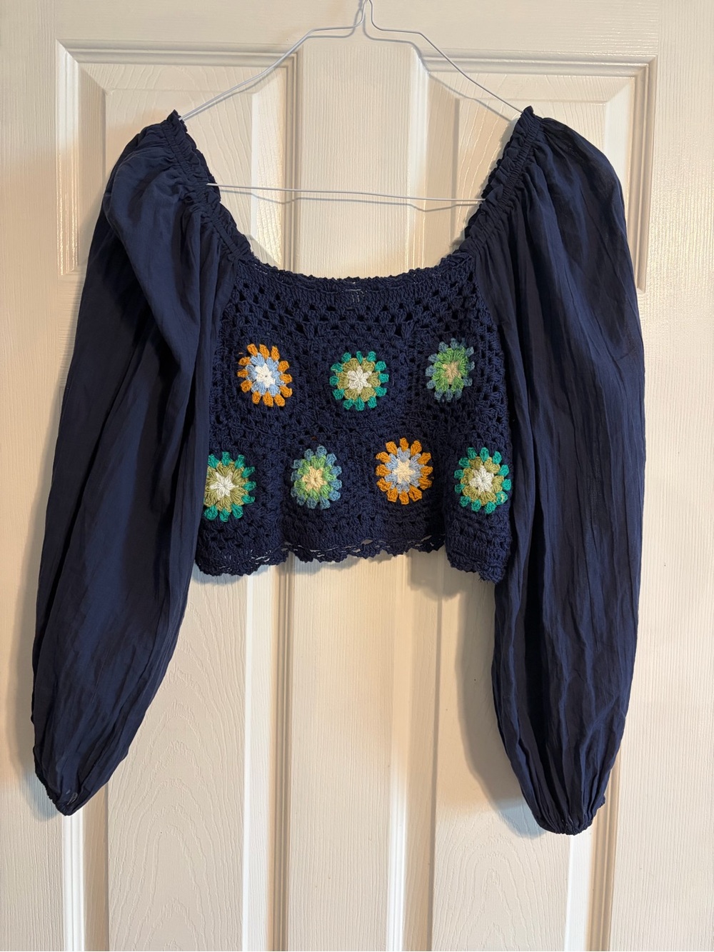 Aerie Crochet Vacay Granny Square Crop Top S Navy Blue Long Puff Sleeve Boho